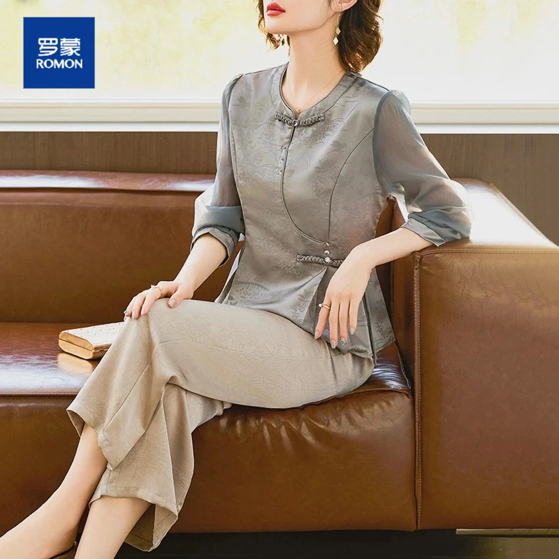 罗蒙时尚妈妈夏装新中式国风雪纺小衫中老年女装高贵显瘦T恤套装