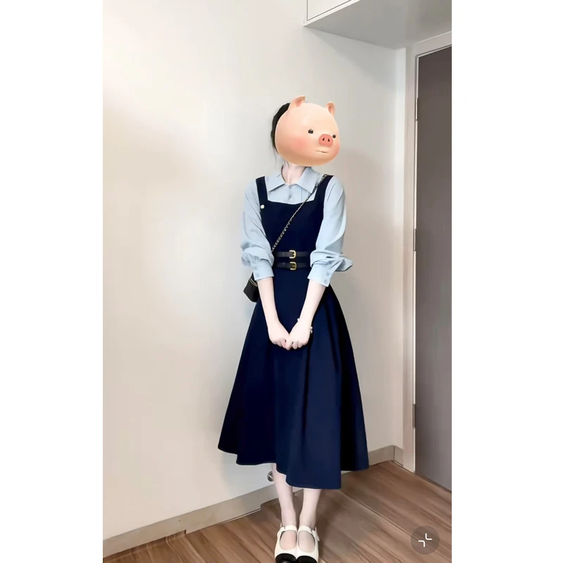 大码【琴岛小序】春秋法式撞色假两件连衣裙女气质教资面试洋气裙子