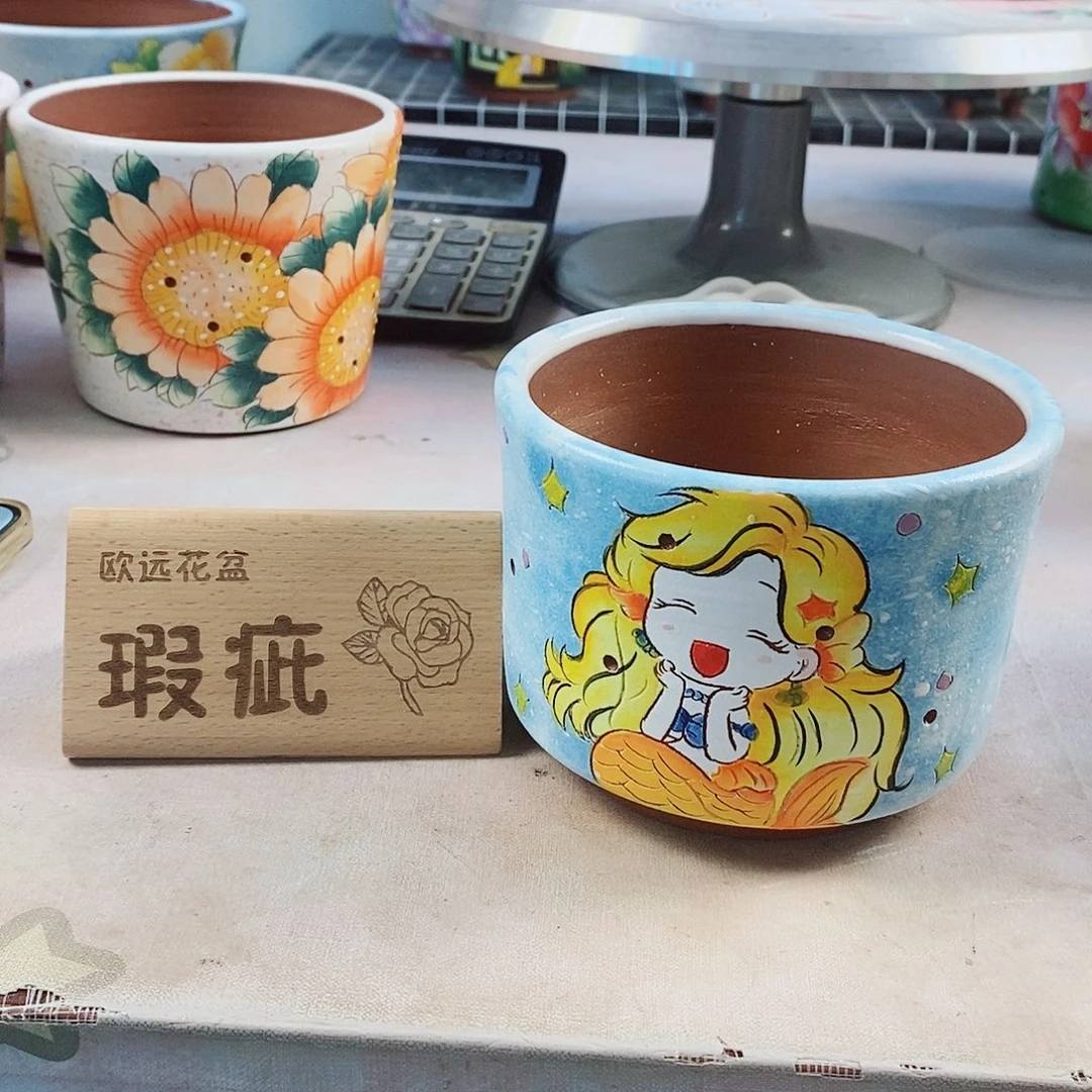 紫砂花盆红陶手绘花盆