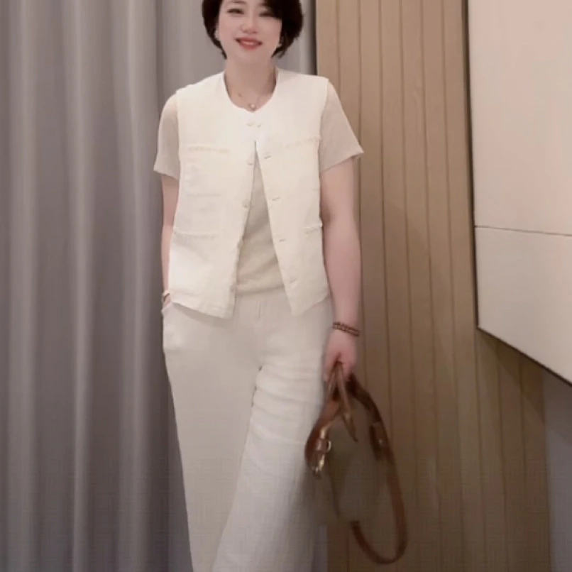 【U.M】 白鹭100进口欧盟亚麻小香圆领马甲