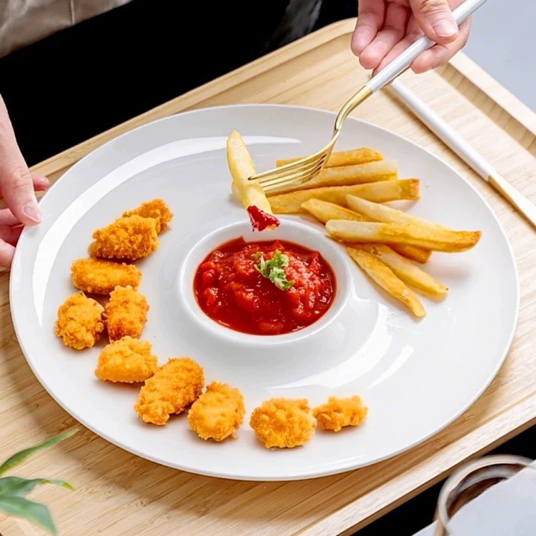 【饺子盘/虾盘】纯白骨质瓷10寸饺子盘带醋碟凉菜盘虾盘海鲜盘