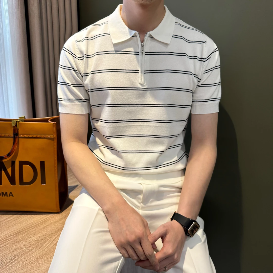 WUSHE物社【半拉链】夏季男士时尚短袖针织POLO衫条纹撞色翻领T恤