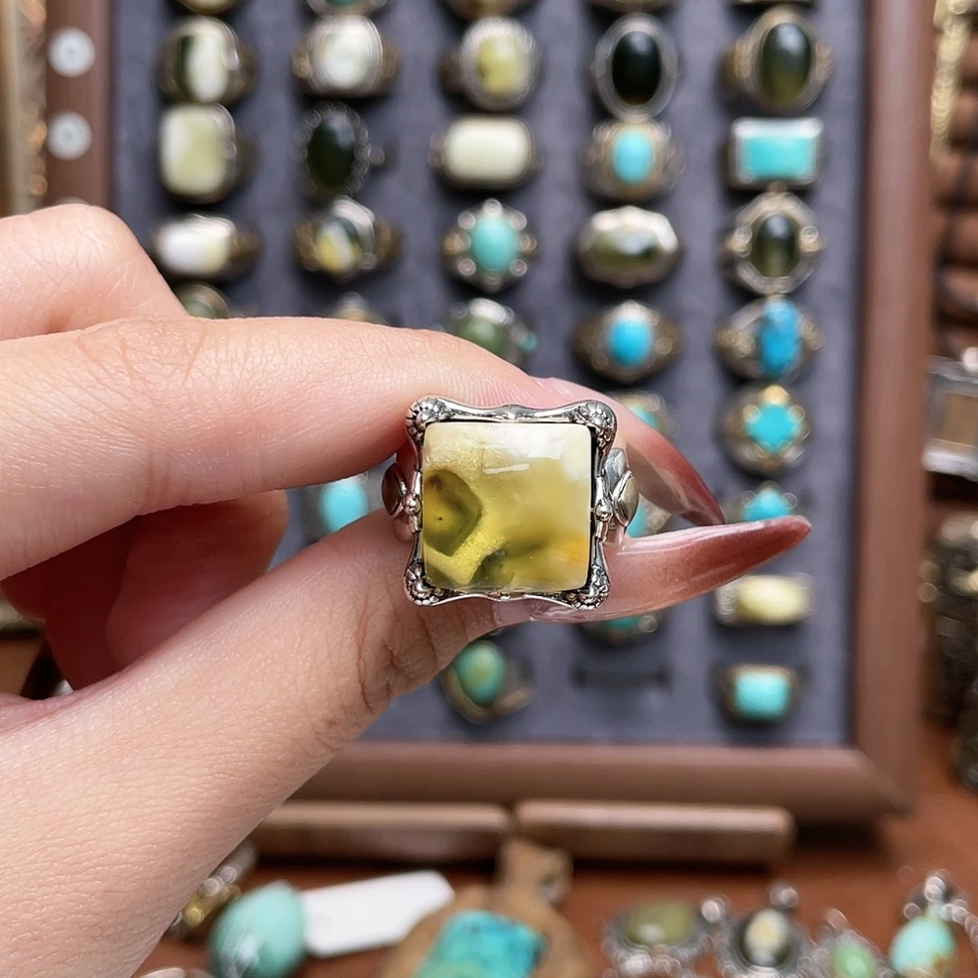 财***Y琥珀银S925镶嵌戒指