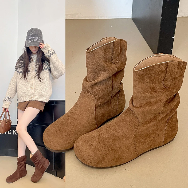 韩版平跟复古马丁靴2025秋冬爆款褶皱翻毛皮小短靴