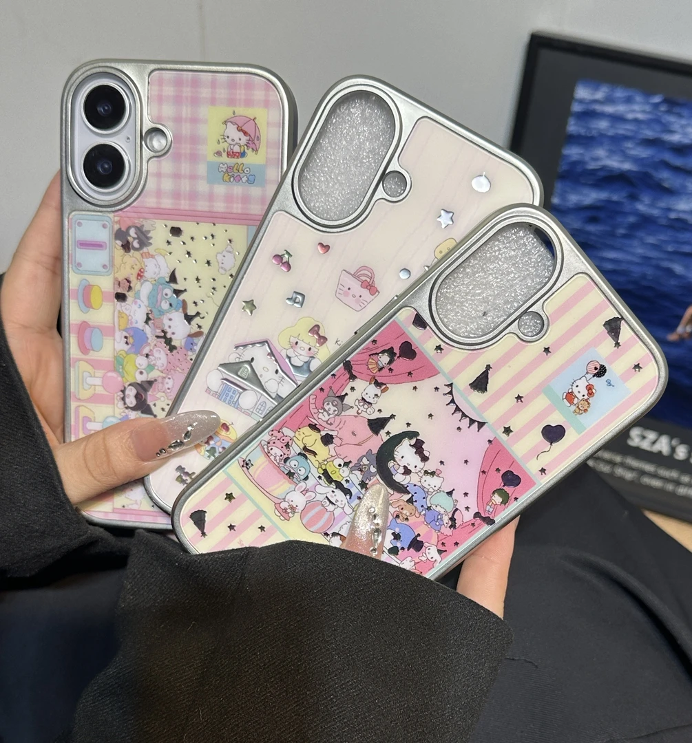 可爱KT三丽鸥派对碳纤维彩金壳适用苹果17/16/15/防摔手机壳