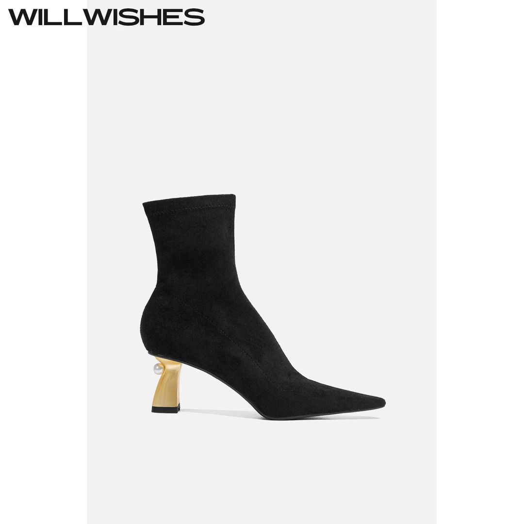 WILLWISHES/王玎设计女鞋秋季尖头瘦瘦短靴女小香风珍珠高跟靴女