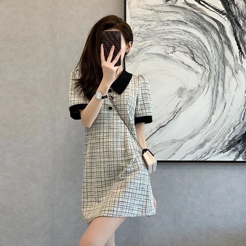 小香风气质连衣裙子女夏季2025新款小个子休闲法式复古格子短裙