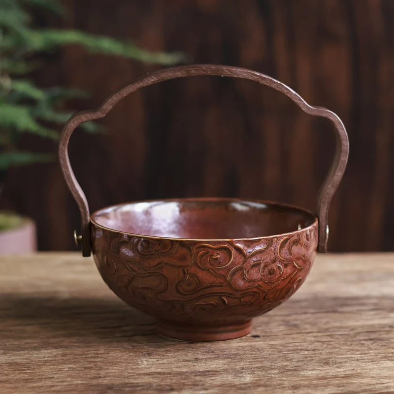 4.5寸红金釉祥云提梁果碗（Q4195）