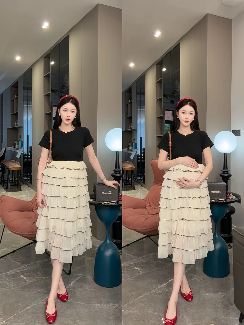 夏季2025新款法式小香风孕妈妈假两件拼接蛋糕裙大码连衣裙
