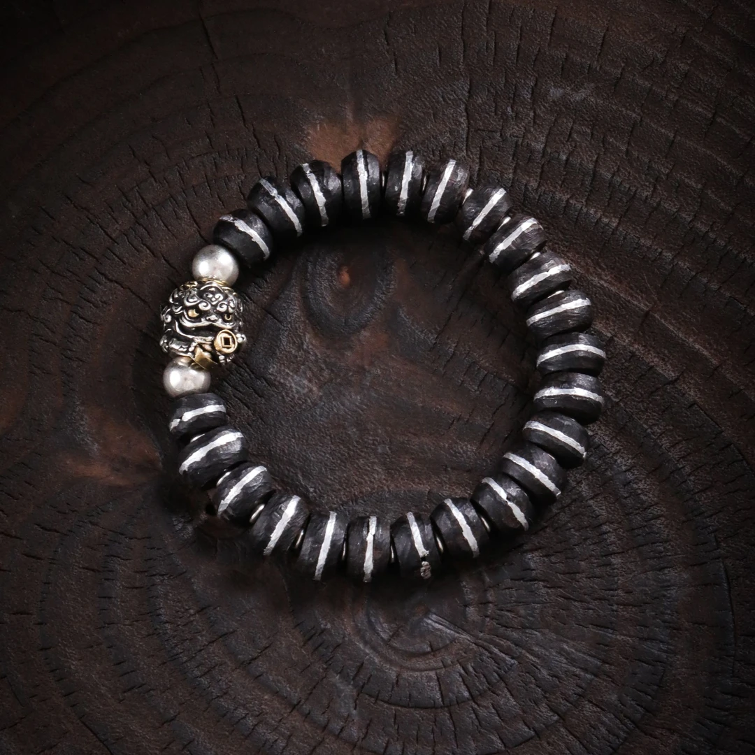 925银手链 大头姐S10818 吞米兽药师圈圈黑色算盘珠手链