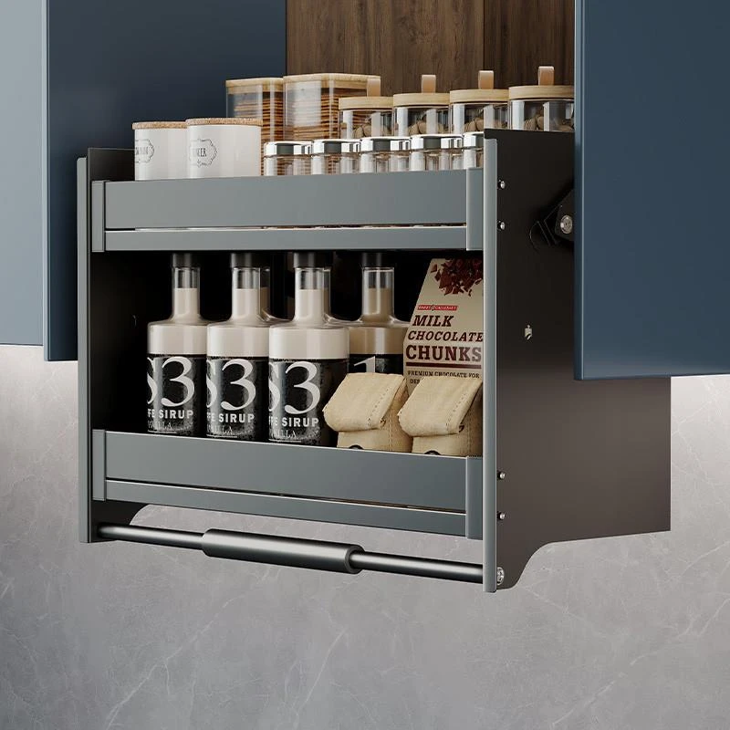 厨房吊柜下拉式升降拉篮橱柜上下缓冲开门式置物架调味篮