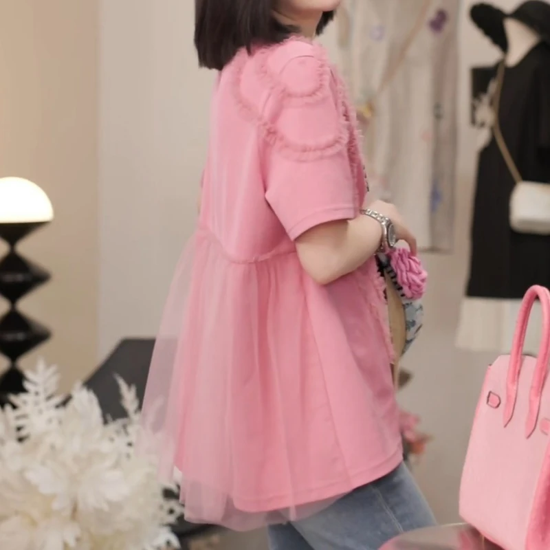 2025夏日新款度假出游花纹蕾丝蝴蝶结短袖上衣LK2502908