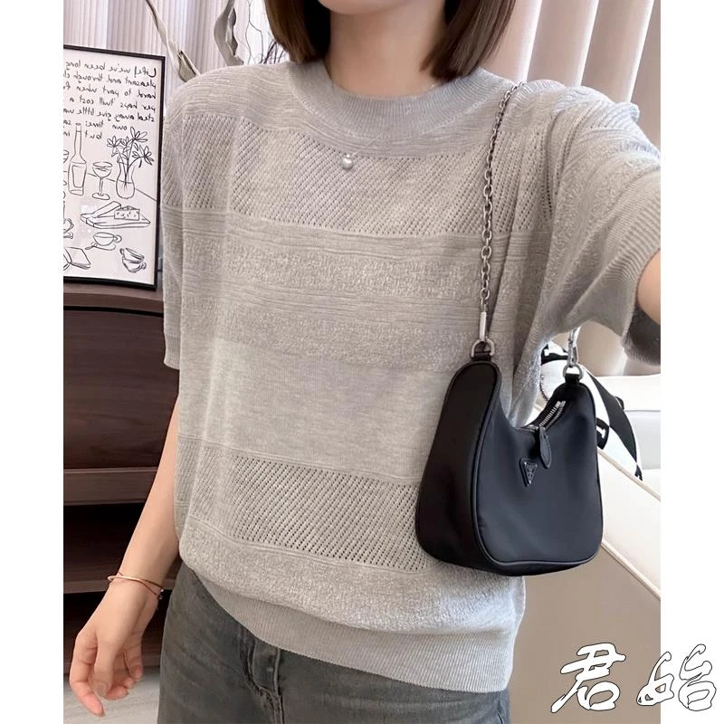 爆款冰丝镂空ol宽松上衣针织衫女新款独特漂亮小衫百搭短袖t恤薄