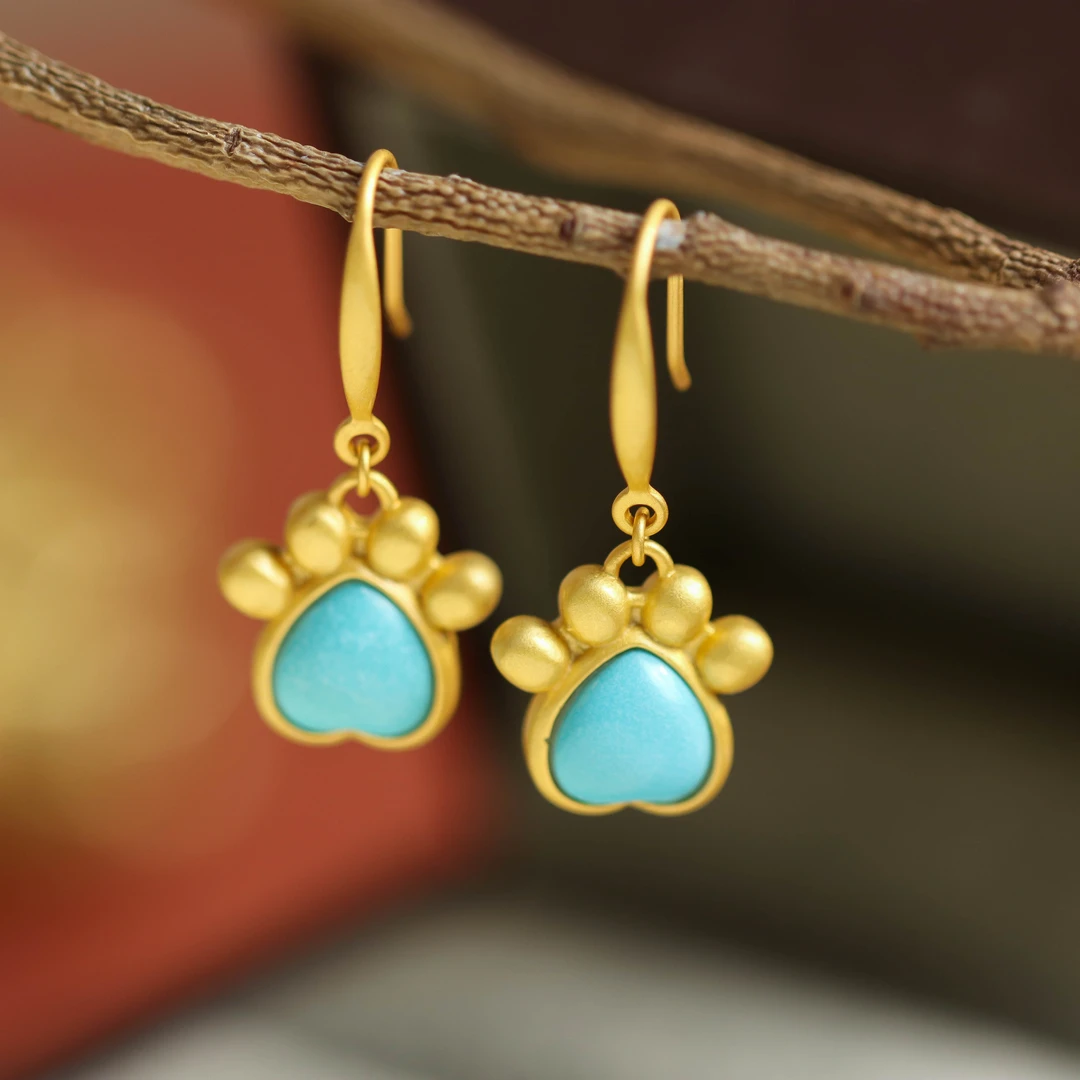 925银耳饰 S925银镀金睡美人心形熊掌国潮国风女款耳钩耳饰