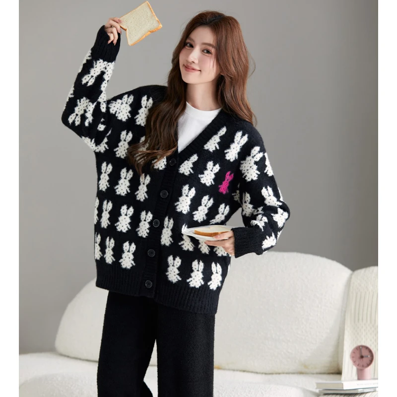 莫里伊【墨黑兔开衫】小众时尚设计可外穿保暖睡衣家居服