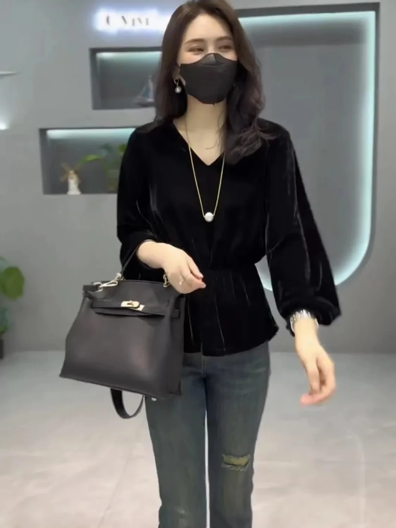 收腰女2025上衣洋气薄款时尚欧洲打底站t显瘦长袖恤丝绒小衫春秋