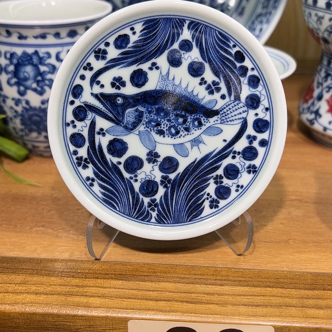 梵***谷青花仿元鱼藻纹盖置一个
