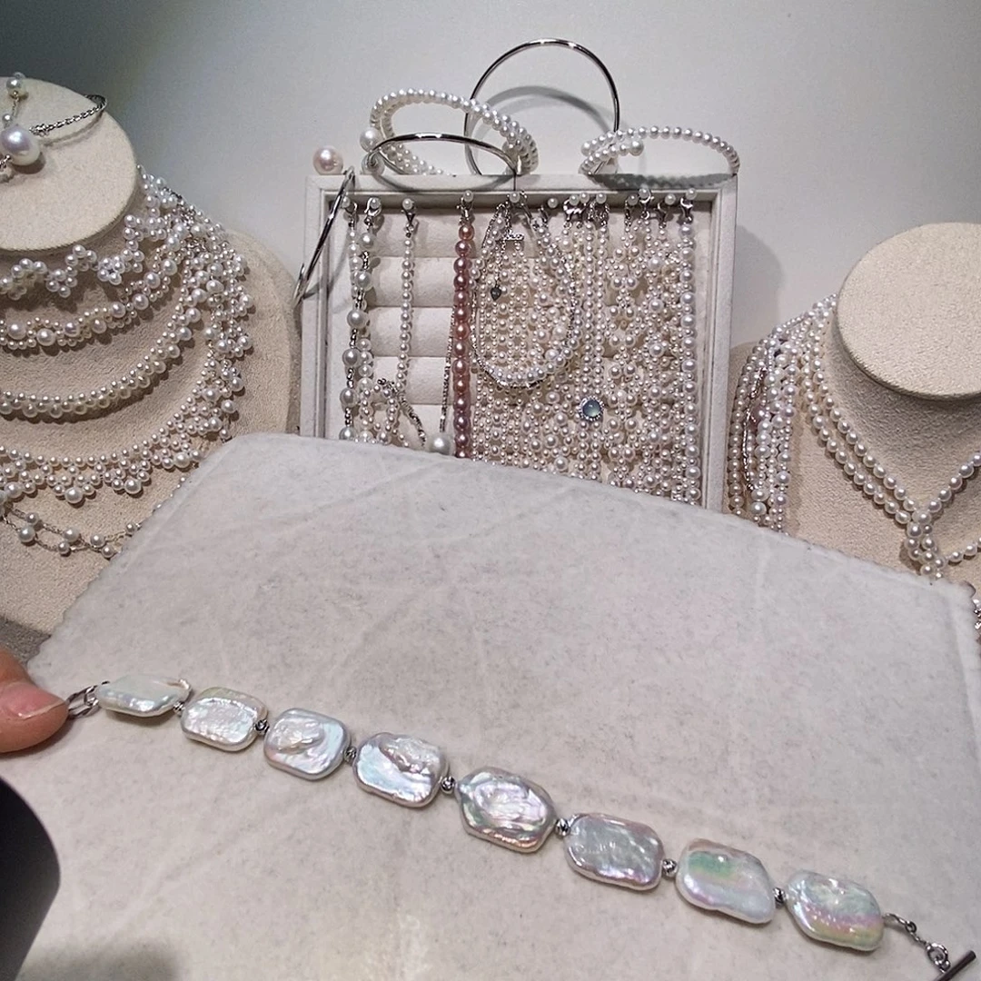 手链银S925镶嵌淡水珍珠炫彩方块手链