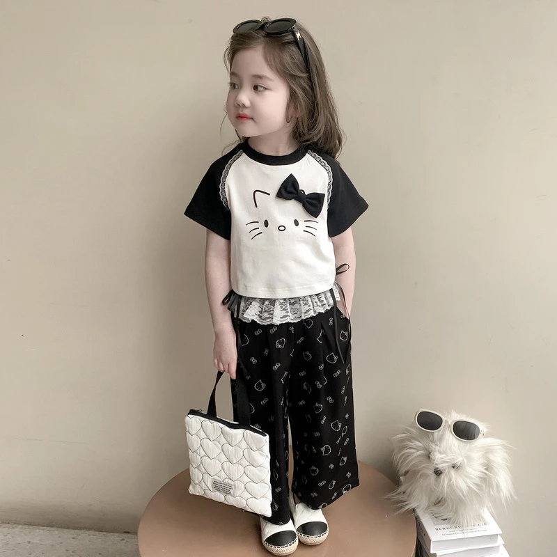 女宝宝夏装套装2025新款儿童卡通猫咪印花蝴蝶结花边休闲裤两件套
