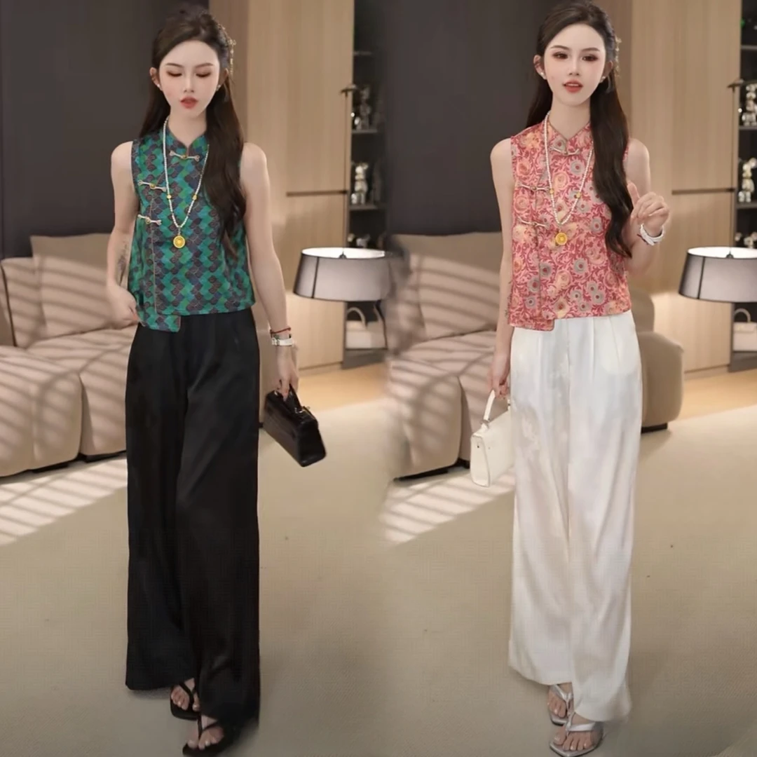 （烟雨江南）新中式复古提花无袖马甲上衣2025气质网红国风国风套装