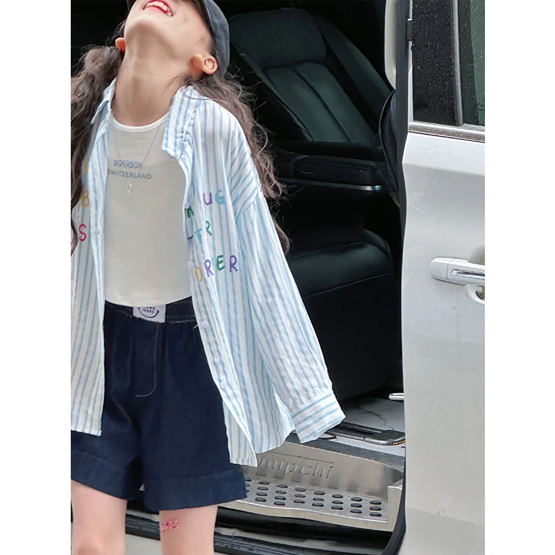 K28429彩条女童衬衫套装2025新款夏装儿童上衣两件套时髦衣服洋气