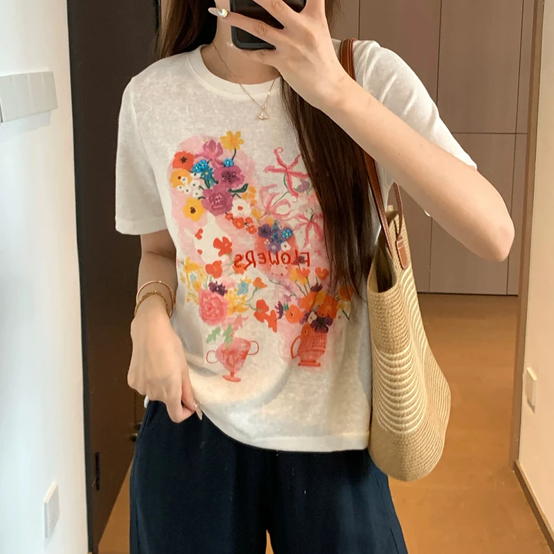 Julychee 重工钉珠莫奈花园花朵雪花棉短袖T恤