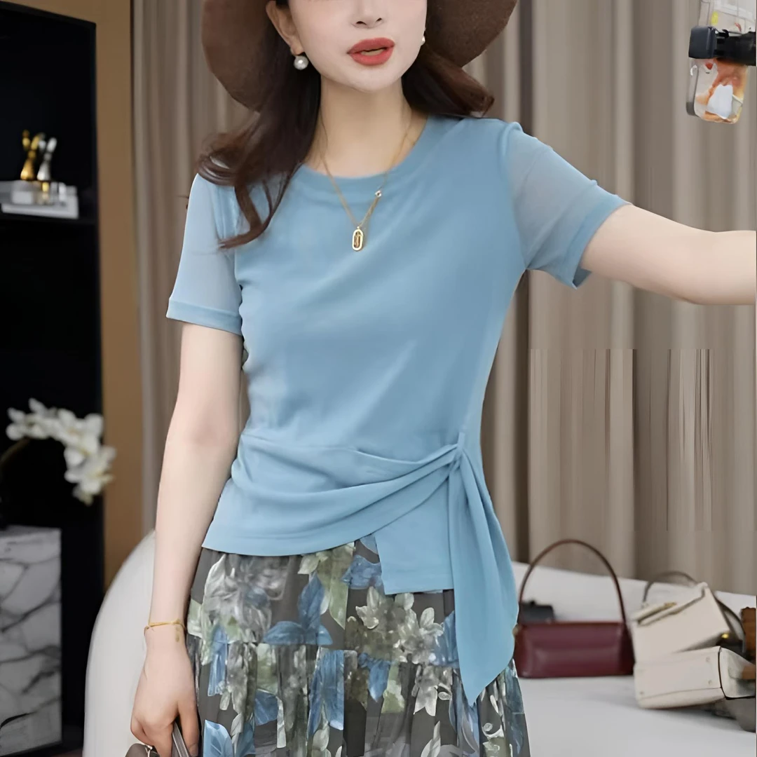 2025夏季薄款系带收腰不规则气质冰丝针织衫女短袖显瘦设计感上衣