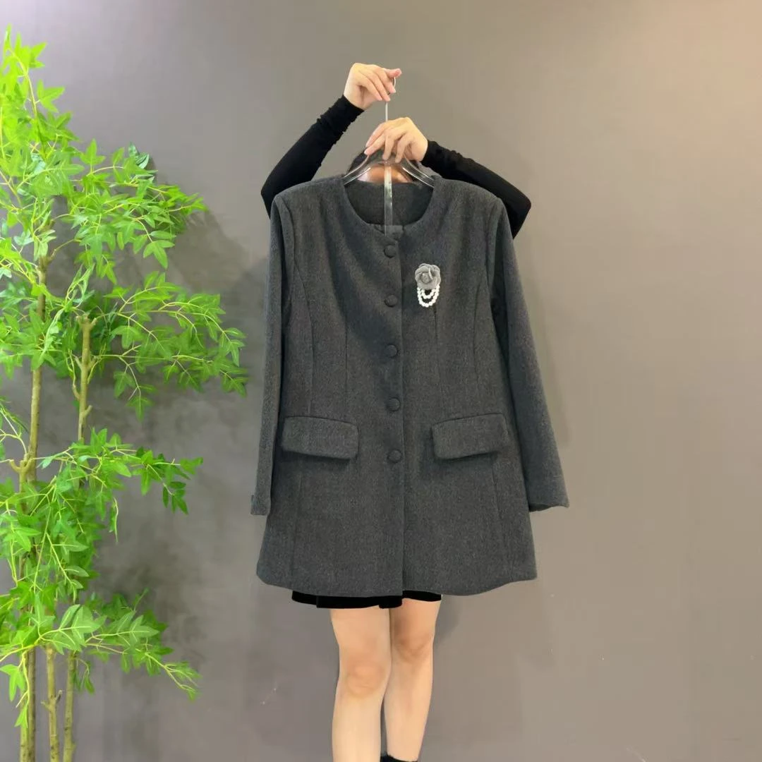 8888秋冬中长款毛呢沙漏二棉西服外套散口袖显瘦大码女装（送胸针