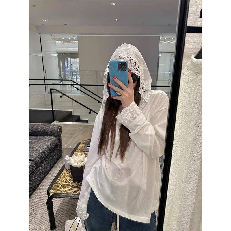 2025早春夏季白色长袖t恤新款蕾丝帽子打底衫帽衫防晒罩衫上衣女