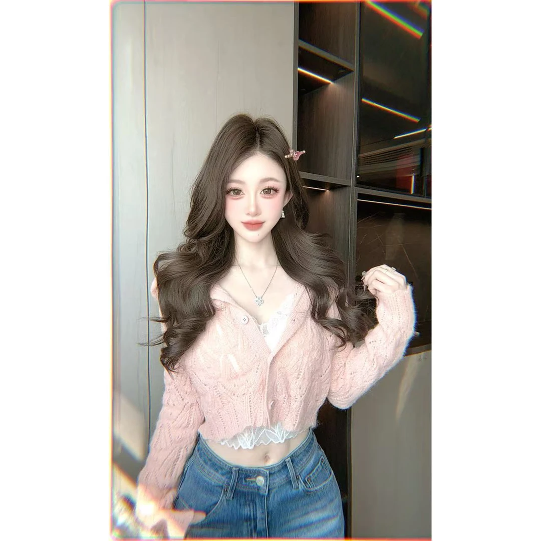 曼曼【香软少女】连帽镂空针织开衫25930#