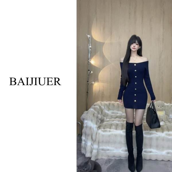 【BAIJIUER】名媛气质露肩金色扣针织连衣裙收腰显瘦包臀短裙