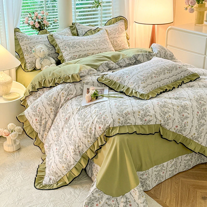 【A类针织棉时尚花边款四件套】春夏四件套新款秋冬加厚A类针织棉时