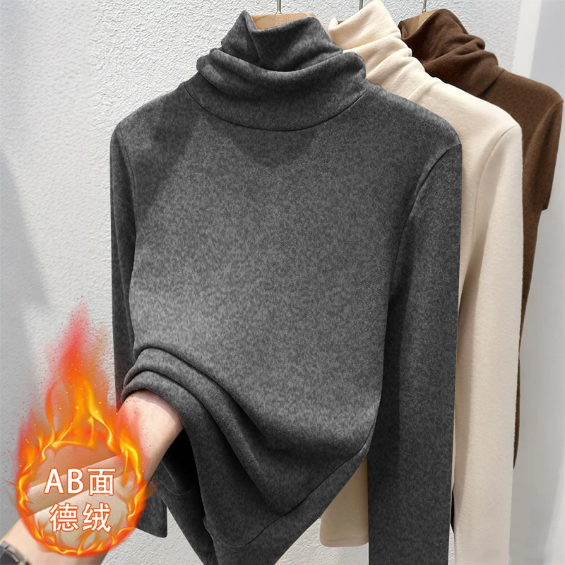 秋冬季2025年新款加绒堆堆领打底衫女士内搭洋气显瘦螺纹长袖T恤