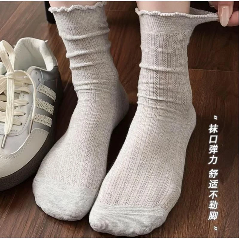 时尚纯色镂空网眼中筒袜春夏系薄款简约少女蝴蝶结堆堆袜