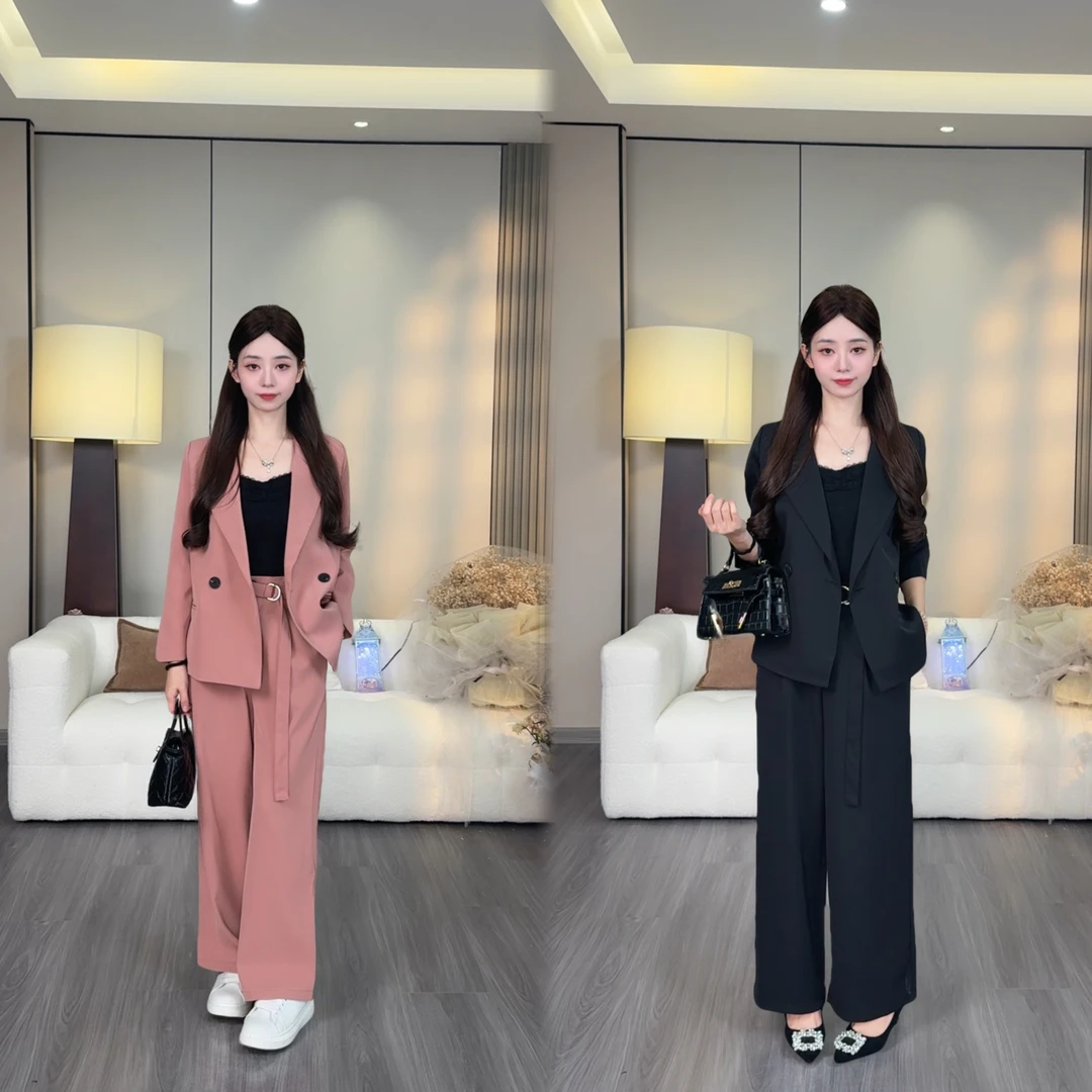 【桃墨轻忧】小个子定制时尚廓形轻奢西装套装阔腿裤两件套2504