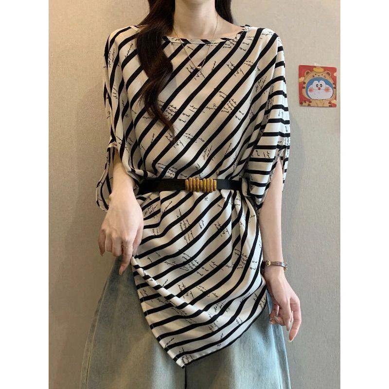 高级感轻奢不规则短袖雪纺衬衫夏季大码女装胖mm宽松遮肚衬衣上衣