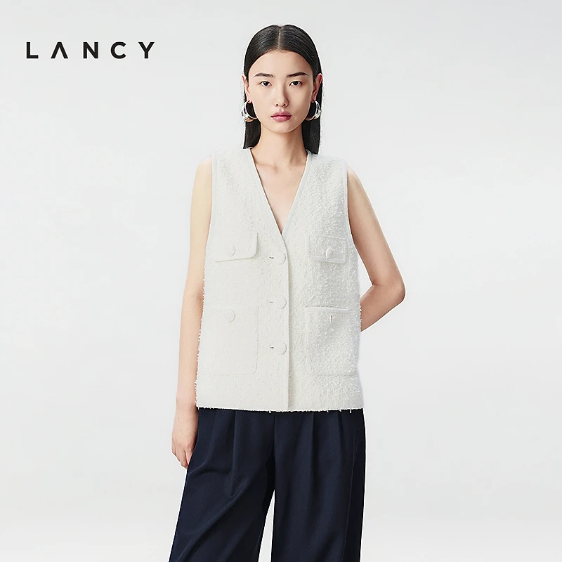 【陆可燃同款】LANCY/朗姿冬季新款法式小香风粗花呢V领马甲女白色