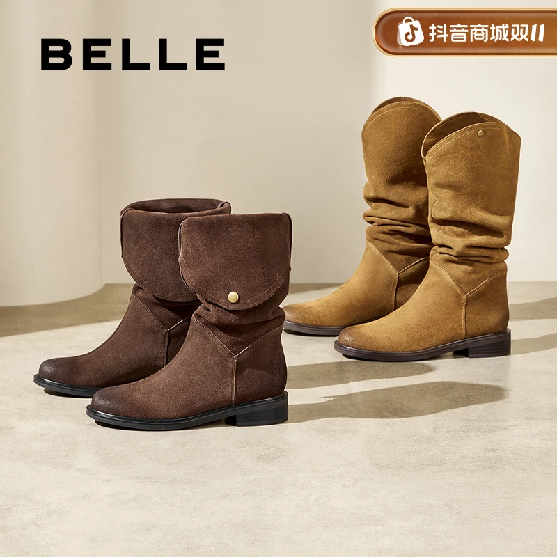【爆款西部靴】百丽时尚长筒堆堆靴女流光风软底增高复古显瘦长靴