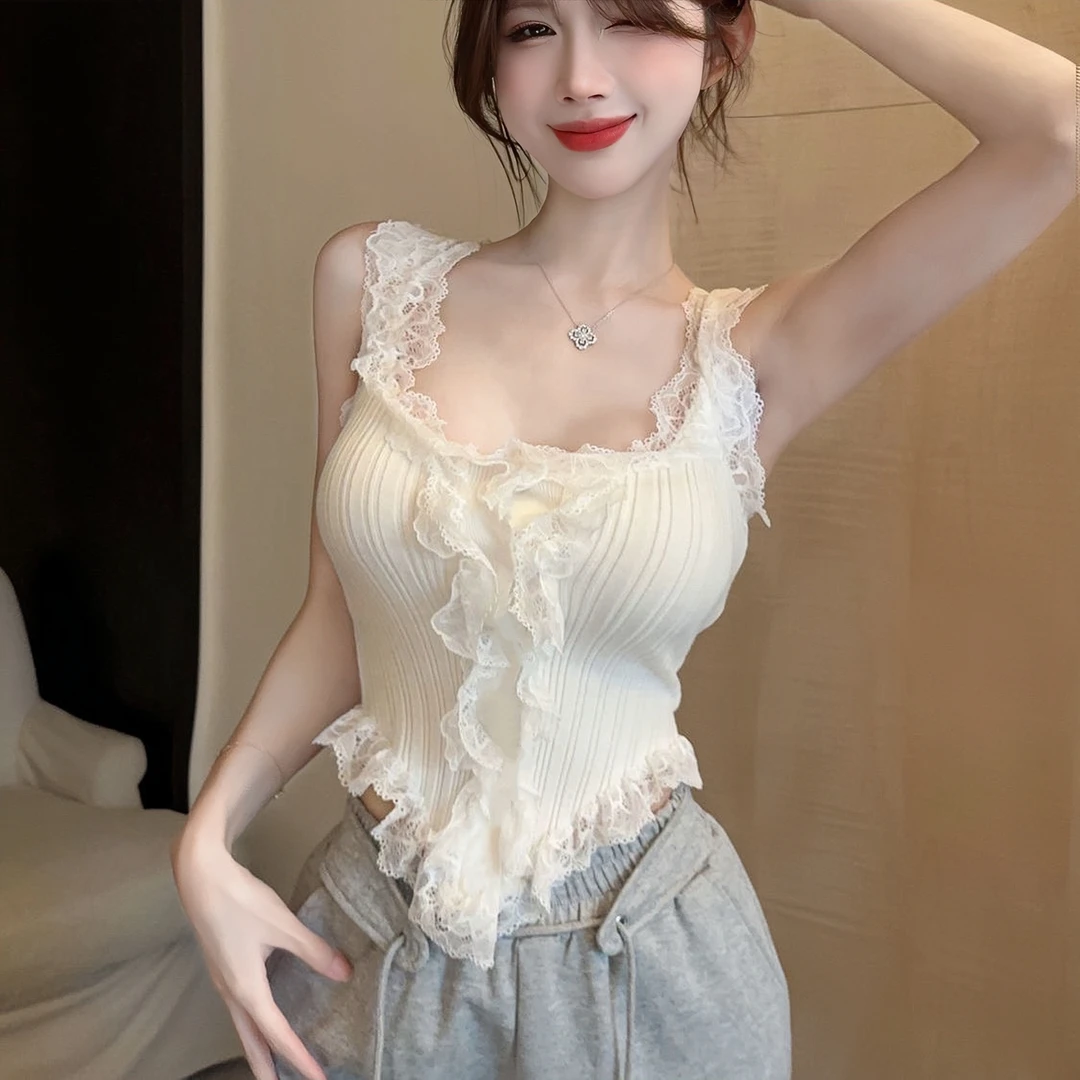 【RJ】夏季辣妹短款蕾丝吊带背心修身显瘦甜美风格少女感美背上衣