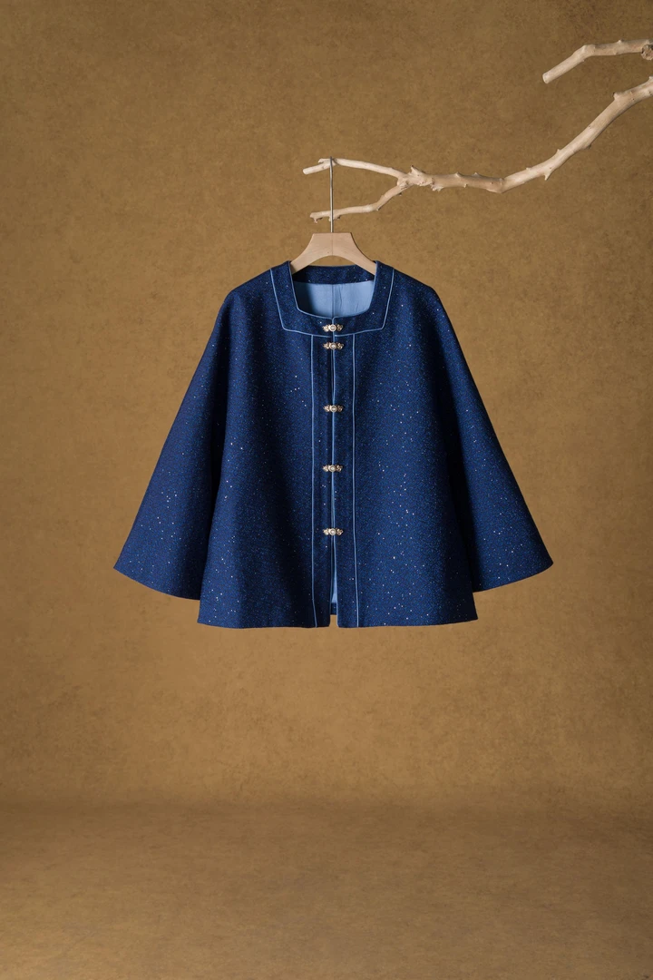 大满家上久楷窗花纹宝蓝色色织丝毛提花绸方领上衣外套桑蚕丝床品