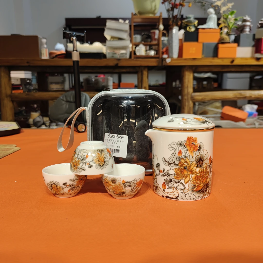 羊脂玉瓷水墨金莲双喜旅行茶具-4606