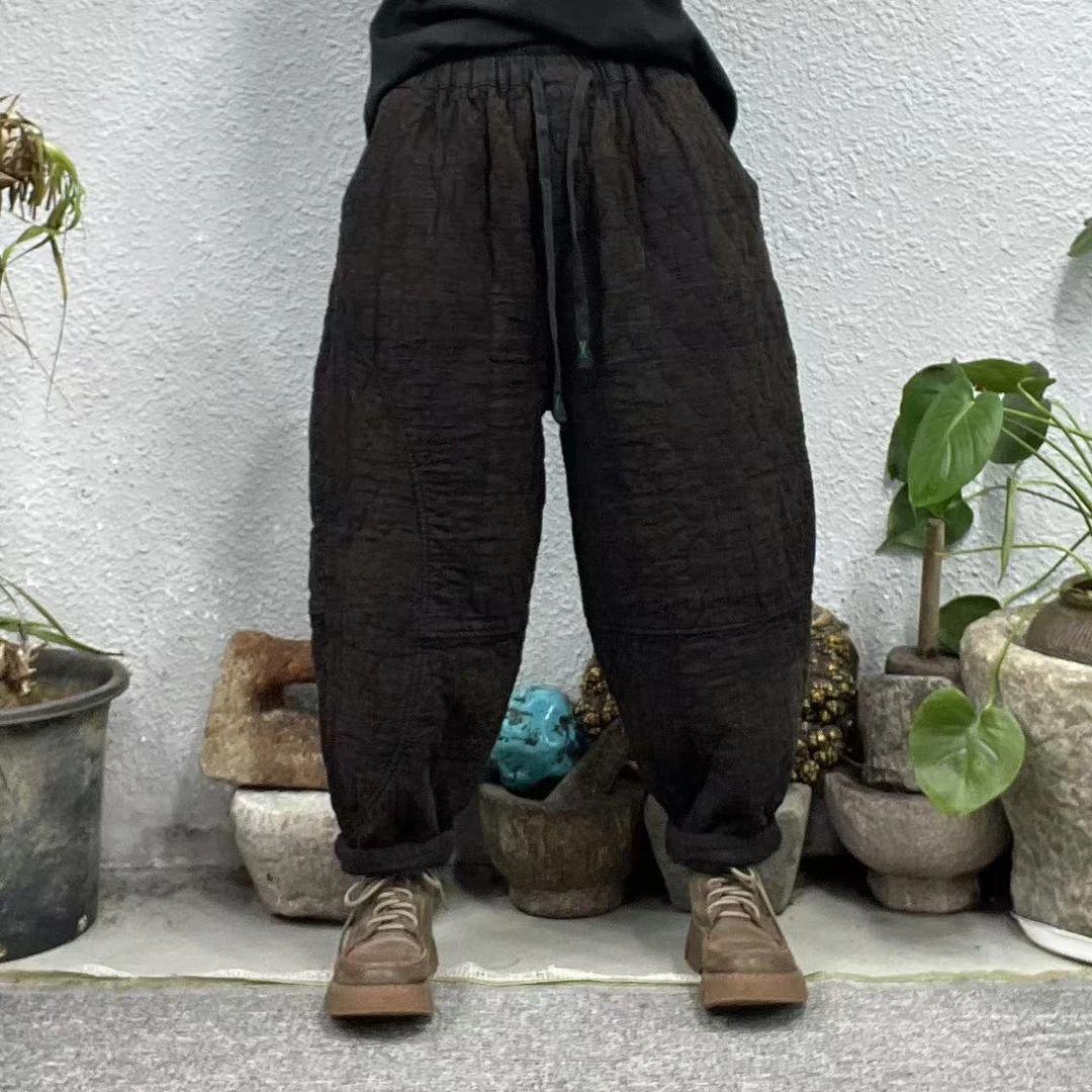 9996夹棉黑色菱形压纹不均匀炒色哈伦休闲裤（长91臀围126脚口40