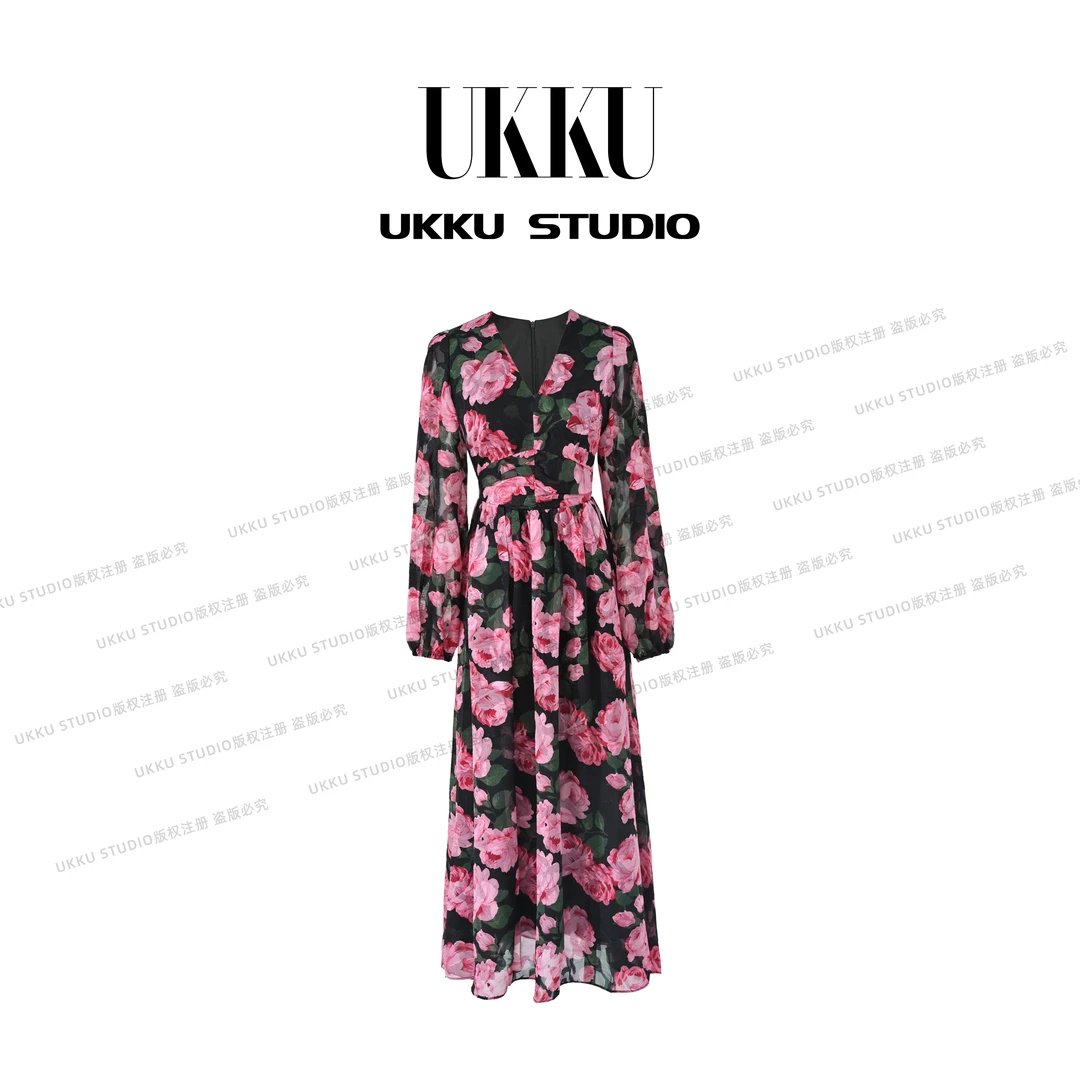 YT【UKKU STUDIO】【牡丹花2.0】早秋潮牌显瘦气质碎花连衣裙914709