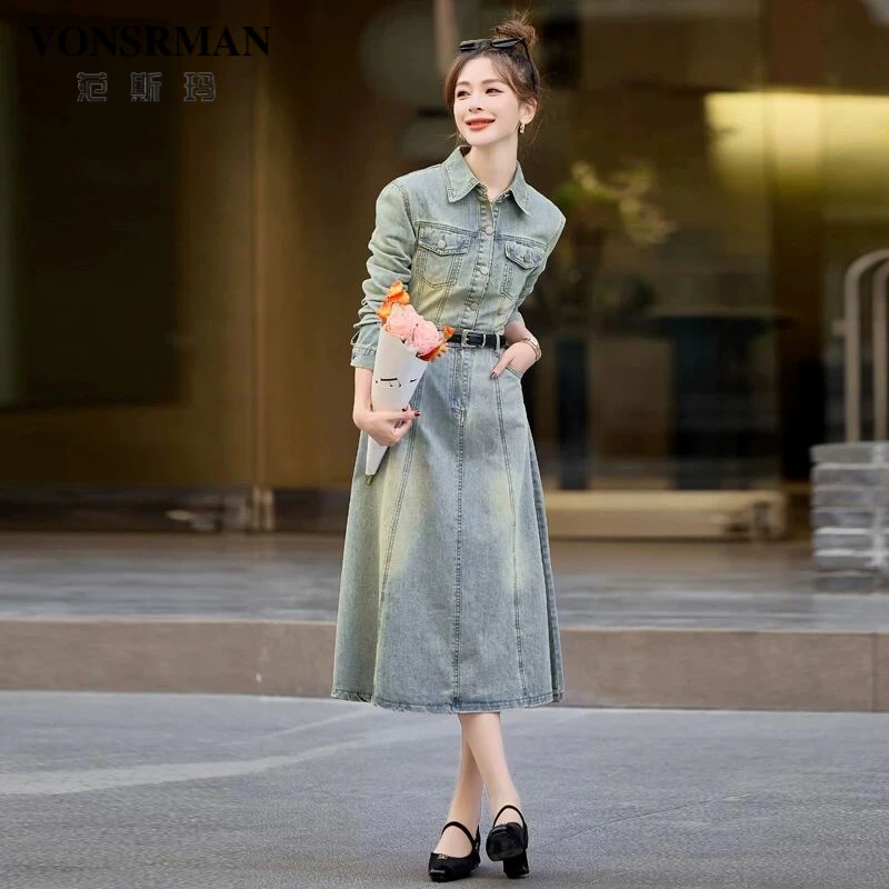 VONSRMAN高端复古牛仔裙长袖连衣裙2025新款女秋季高腰休闲连衣裙