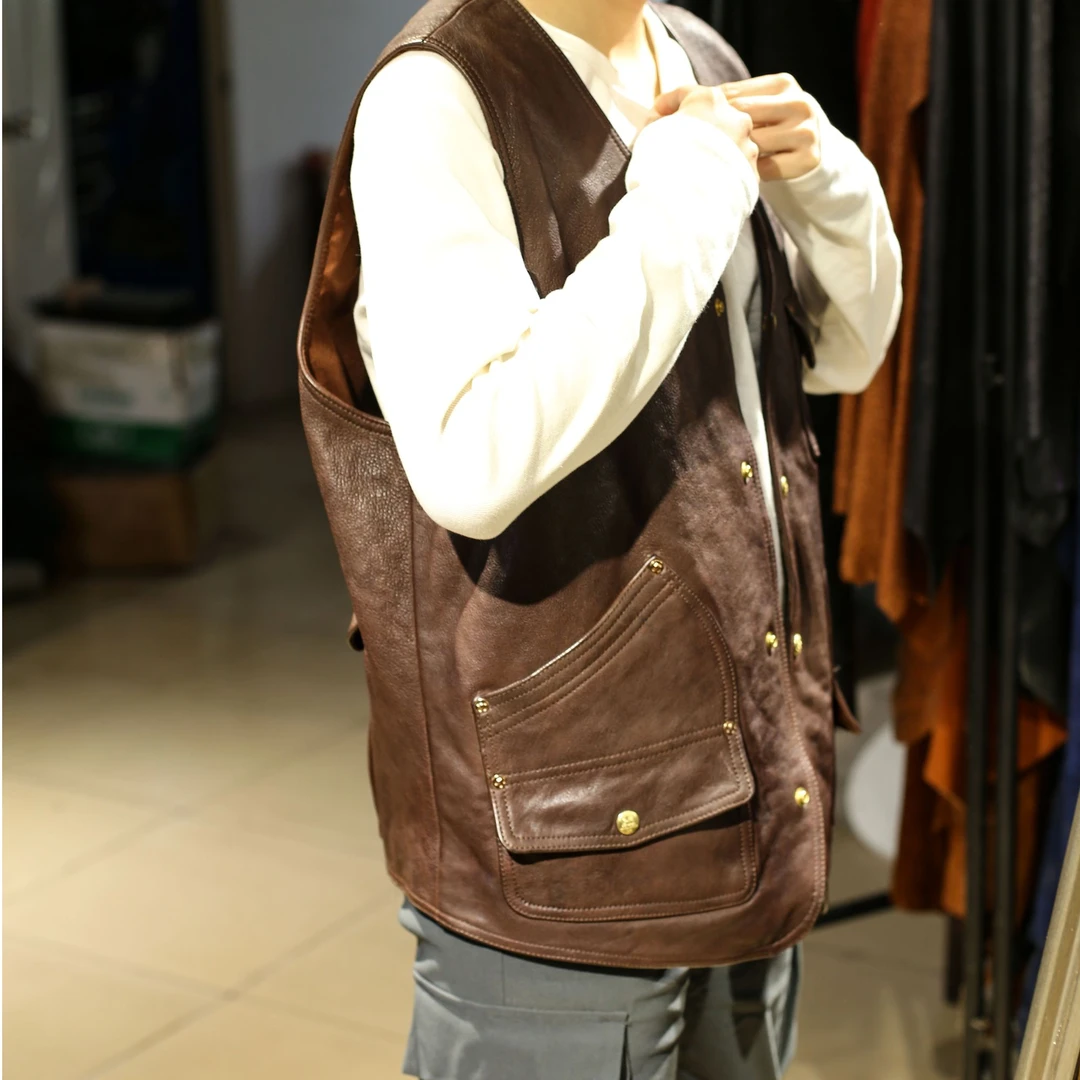 重工小众复古重磅头层牛皮黄铜五金多口袋中性男女酷飒百搭马甲