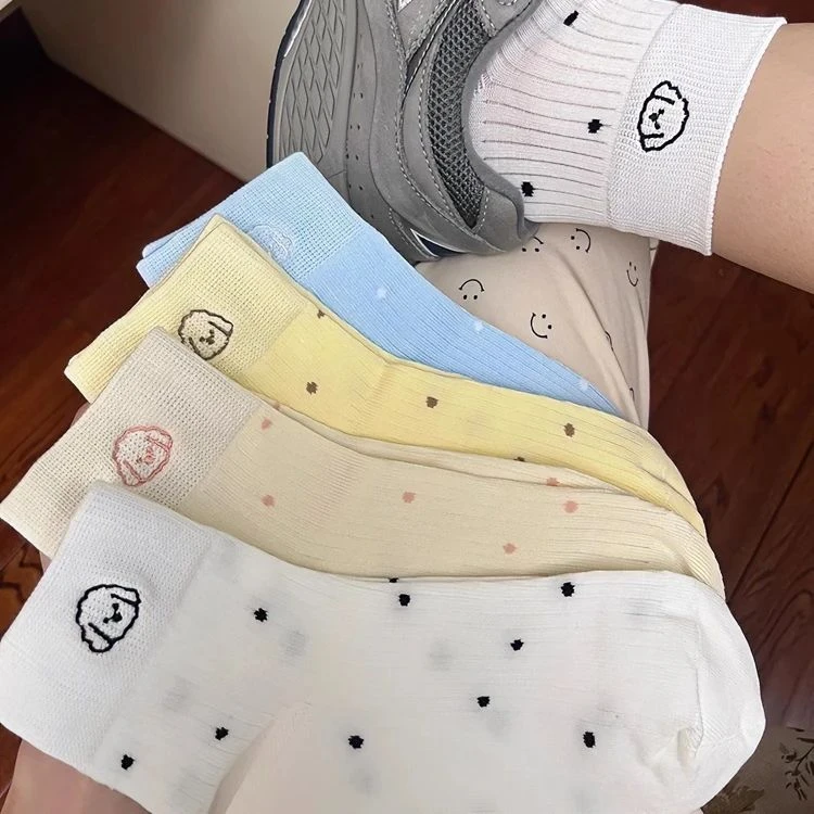 短筒无骨女短袜波点ins风刺绣小狗夏季吸汗透气休闲软糯短筒袜子