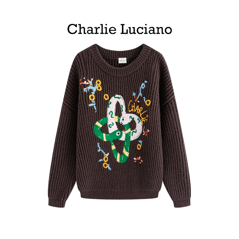 Charlie Luciano贪吃蛇绣花毛衣25年春圆领潮牌蛇年限定男女上衣