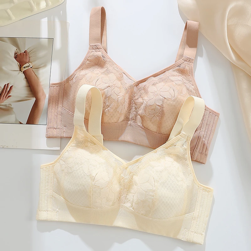 大胸显小内衣收副乳防下垂大码全罩杯夏季薄款聚拢蕾丝女士文胸罩