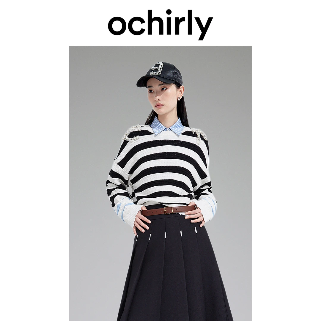 【诗语专属】ochirly欧时力 法式条纹慵懒风针织衫秋装手钉亮钻