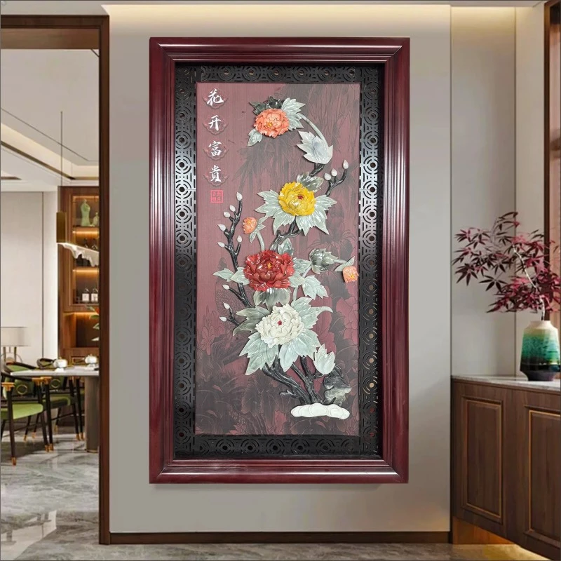 138*78厘米新中式入户玄关装饰画立体浮雕玉雕画走廊过道实木挂件